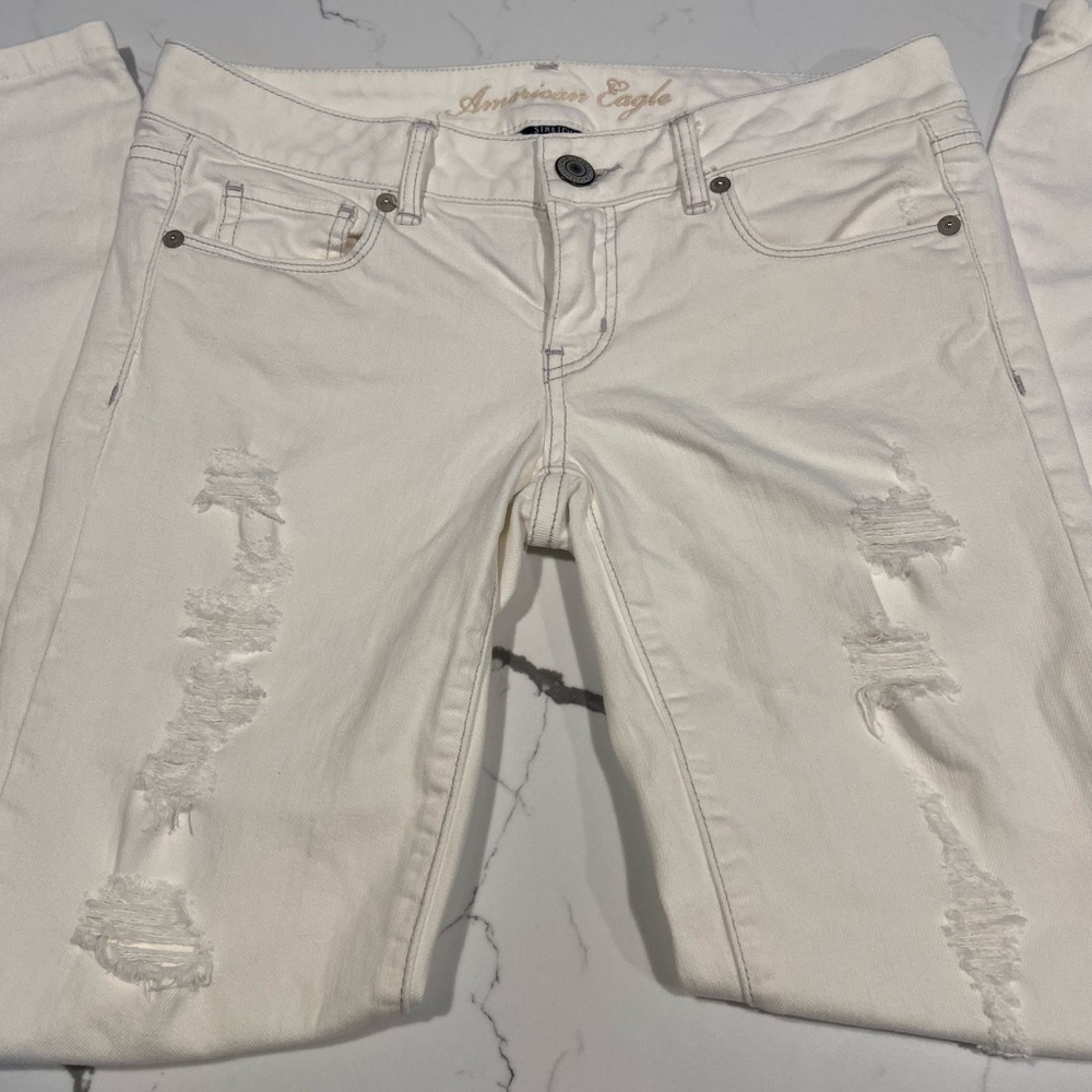 American Eagle White Straight Leg Distressed Jeans